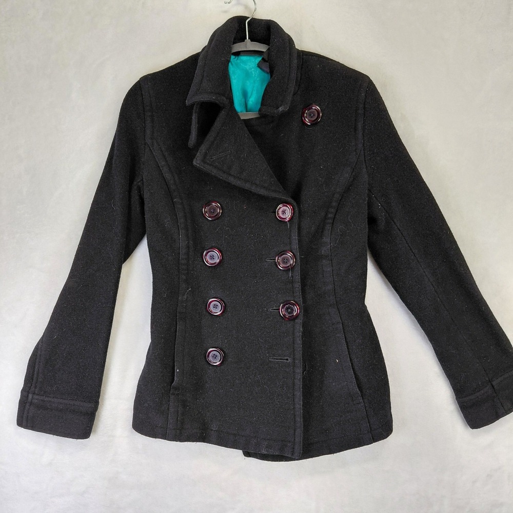 DKNY Jeans Womens Black Wool Blend Double Breasted Pea Coat Teal Lining Jacket